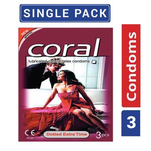 Coral Dotted Condom Extra Time Lubricated Natural Latex - Single Pack